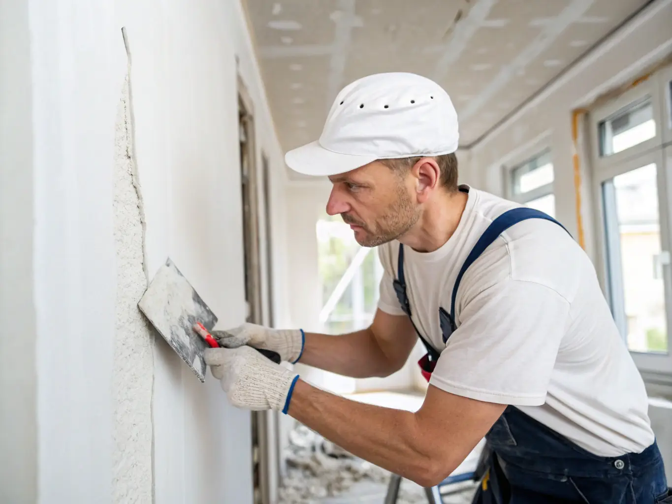 A close-up shot of a craftsman meticulously smoothing plaster on a wall, showcasing the attention to detail that JD Remodeling provides.