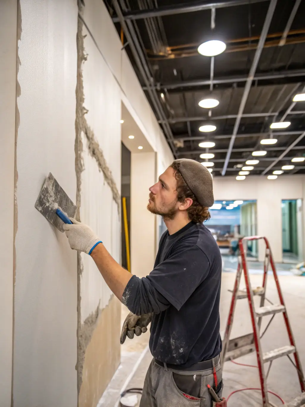 A close-up image of a skilled technician applying smooth plaster on a wall with a pristine finish, showcasing the expertise of JD Remodeling in plaster work.