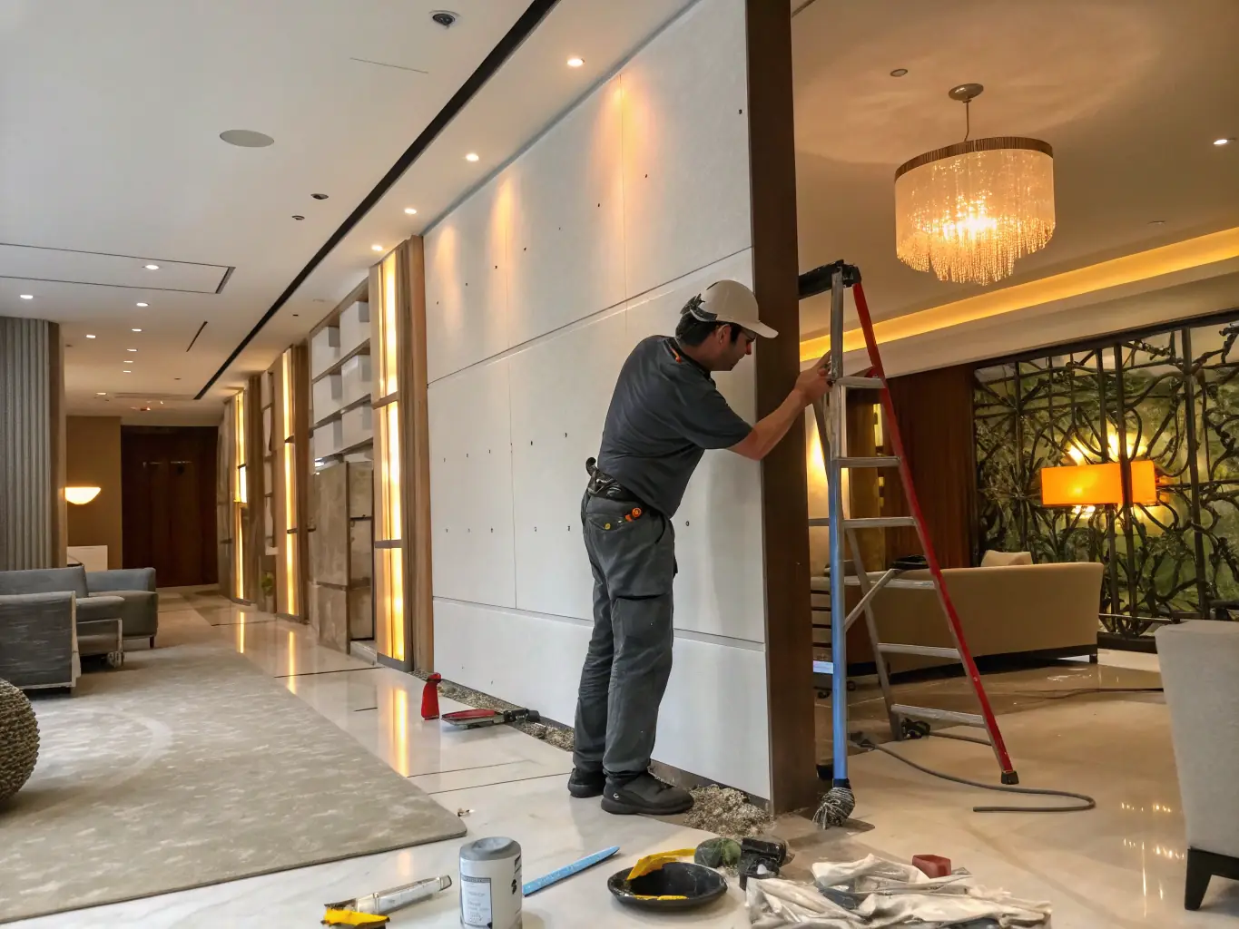 A craftsman meticulously taping and finishing drywall seams, ensuring a seamless and smooth surface. The image highlights the attention to detail and the skill involved in the process.
